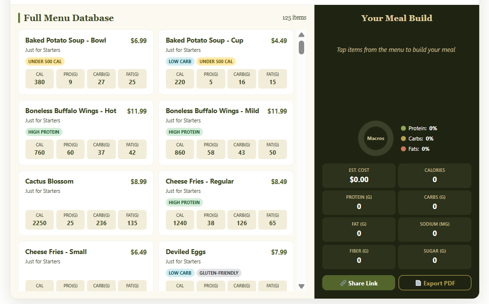 Texas Roadhouse nutrition calculator tool showing searchable menu and live meal builder